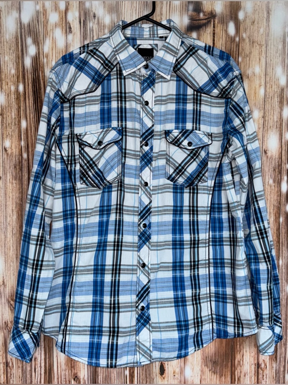 Various Artists Blue Plaid Collared Snap Button Up Long Sleeve
